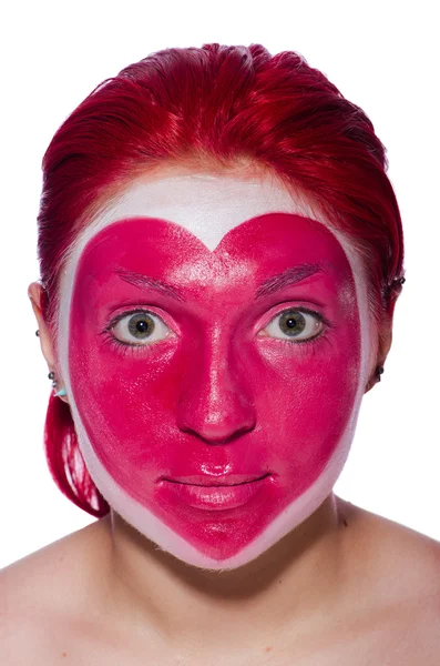 Mulher com coração pintura facial isolado no branco — Fotografia de Stock
