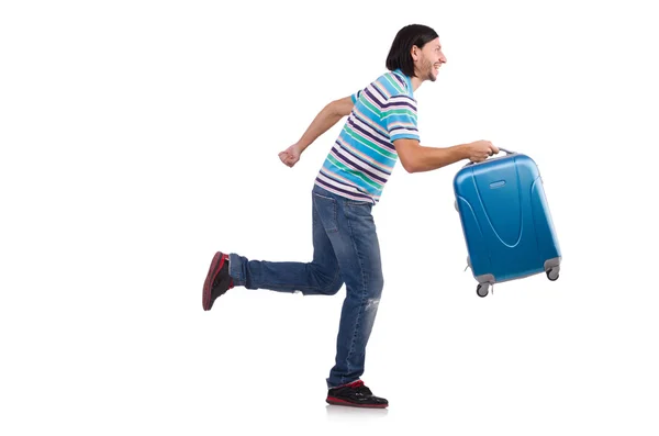 Young man travelling with suitcases isolated on white — Stock Photo, Image