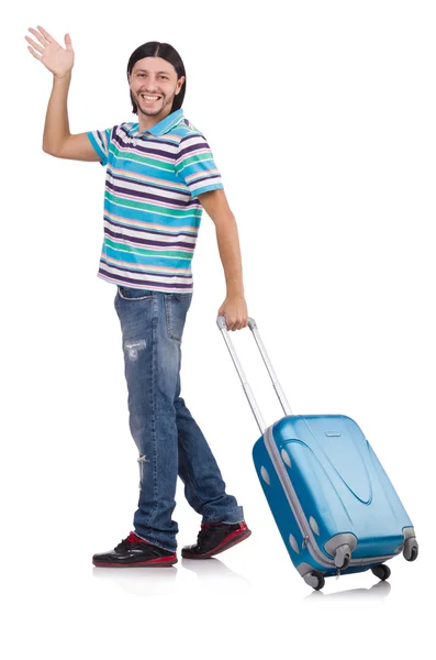 Young man travelling with suitcases isolated on white — Stock Photo, Image