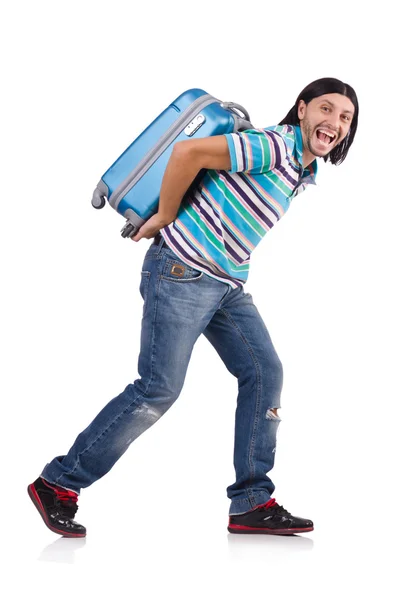 Young man travelling with suitcases isolated on white — Stock Photo, Image