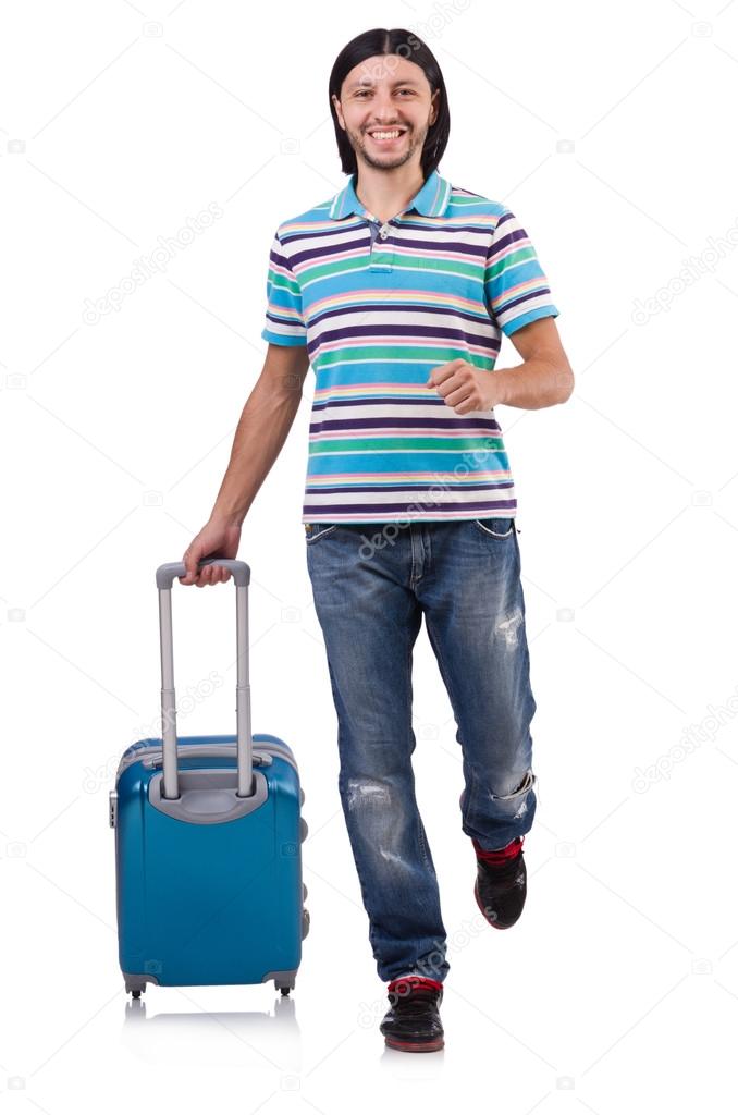 Young man travelling with suitcases isolated on white