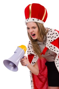 Komik bir hoparlörle konuşan kraliçe iş adamı