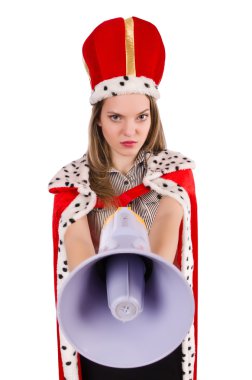 Komik bir hoparlörle konuşan kraliçe iş adamı