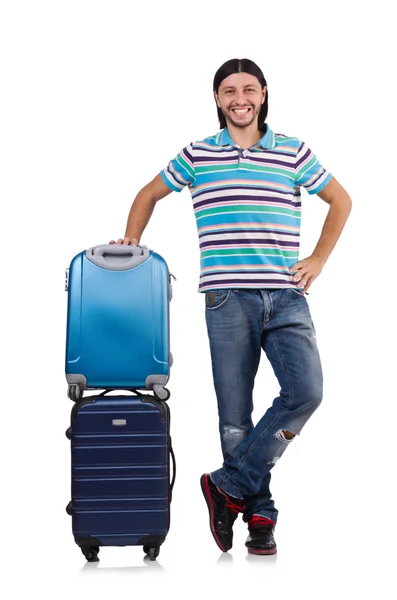 Young man travelling with suitcases isolated on white — Stock Photo, Image