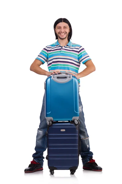 Young man travelling with suitcases isolated on white — Stock Photo, Image