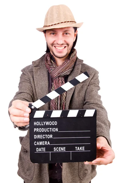 Człowiek z klapperboard filmu i kapelusz — Zdjęcie stockowe