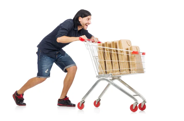 Homem de compras com carrinho de cesta de supermercado isolado em branco — Fotografia de Stock