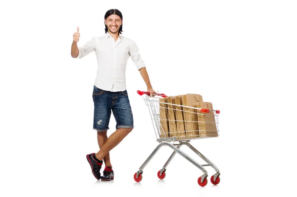 Uomo shopping con carrello supermercato isolato su bianco — Foto Stock