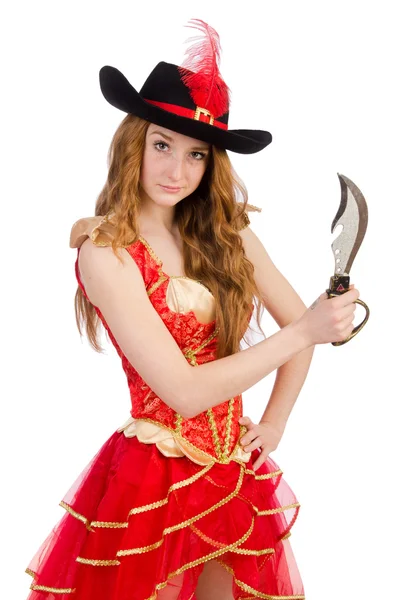 Woman pirate with knife on white — Stock Photo, Image