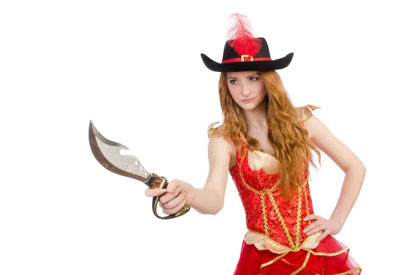Vrouwelijke piraat met mes op wit — Stockfoto