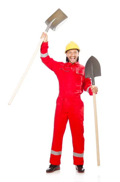 Man in red coveralls with spade — Stock Photo, Image