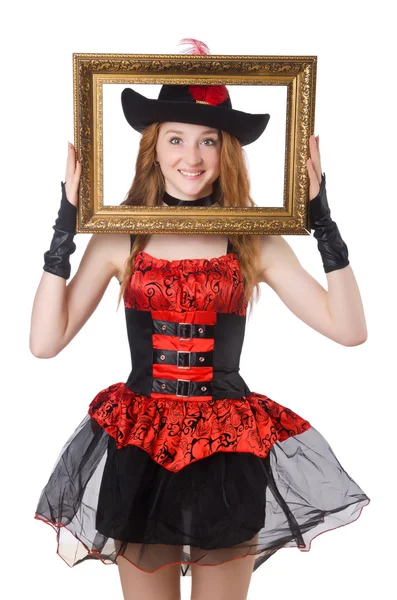 Woman pirate with picture frame isolated on white — Stock Photo, Image