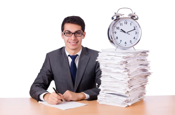 Busy man with stack of papers isolated on white — Stock Photo, Image