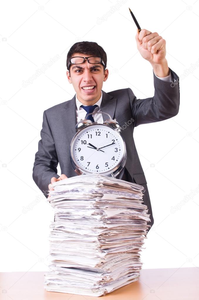 Busy man with stack of papers isolated on white