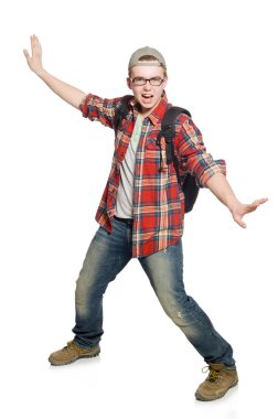 Sırt çantalı öğrenci beyaza izole edilmiş.