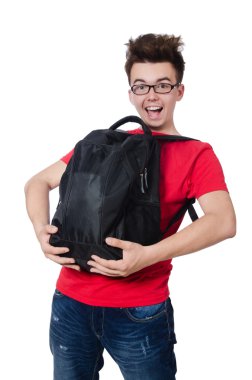 Sırt çantalı öğrenci beyaza izole edilmiş.