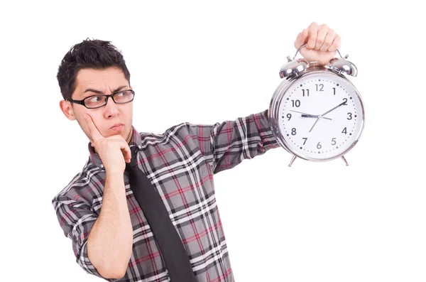 Uomo con orologio che cerca di rispettare la scadenza isolata su bianco — Foto Stock