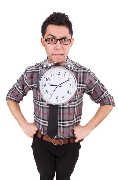 Hombre con reloj tratando de cumplir la fecha límite aislado en blanco — Foto de Stock