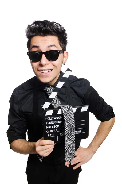 Hombre con película clapperboard y sombrero — Foto de Stock