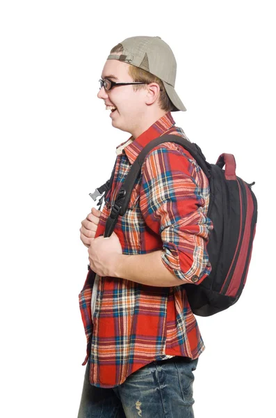 Estudante com mochila isolada no branco — Fotografia de Stock