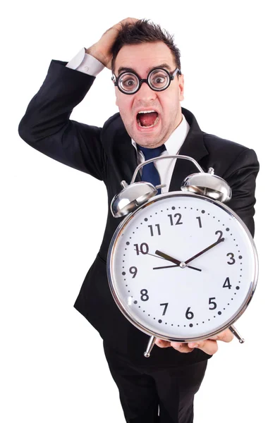 Man with alarm clock isolated on white — Stock Photo, Image