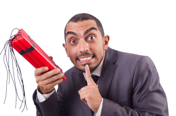 Человек с динамитовой палкой изолирован на белом
