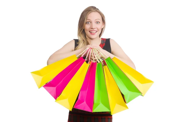 Mulher após compras spree no branco — Fotografia de Stock