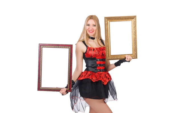 Woman holding picture frame isolated on white — Stock Photo, Image