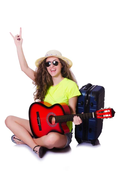 Travelling guitar player isolated on white — Stock Photo, Image