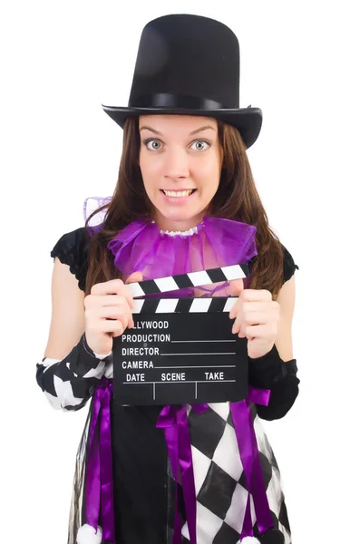 Frau mit Filmtafel auf weiß — Stockfoto