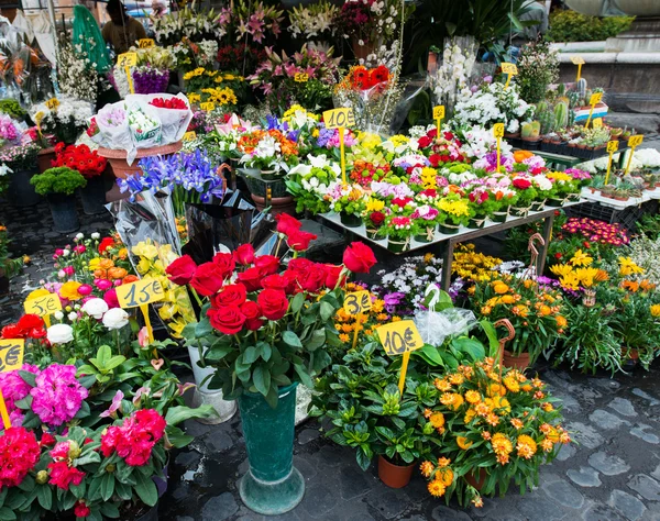 Loja de flores de rua com flores coloridas — Fotografia de Stock