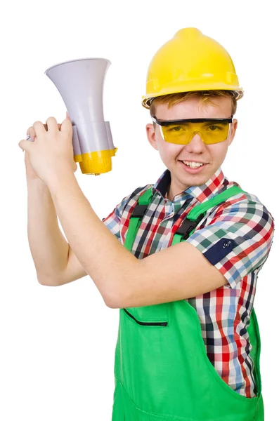 Funny trabajador de la construcción con altavoz en blanco — Foto de Stock