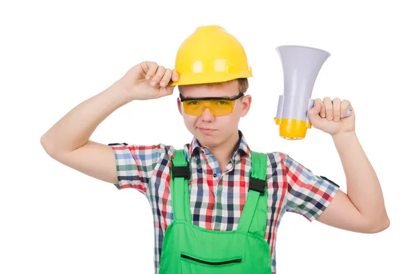 Funny construction worker with loudspeaker on white — Stock Photo, Image