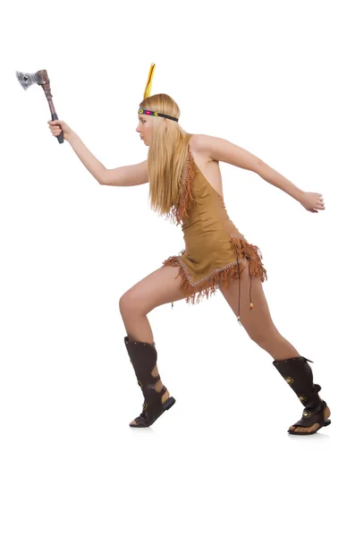 Indian woman with axes on white — Stock Photo, Image