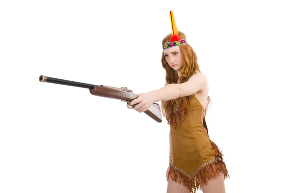 Indian woman with rifle on white — Stock Photo, Image