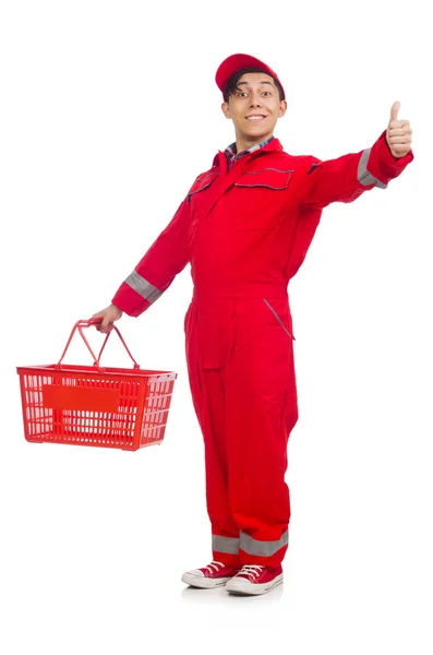 Man in red coveralls with shopping supermarket cart trolley — Stock Photo, Image