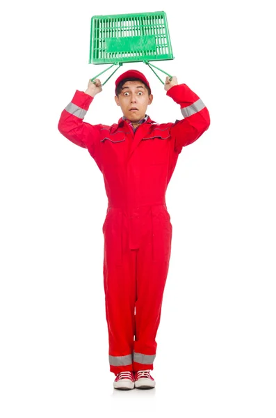 Mann in roten Overalls mit Einkaufswagen — Stockfoto