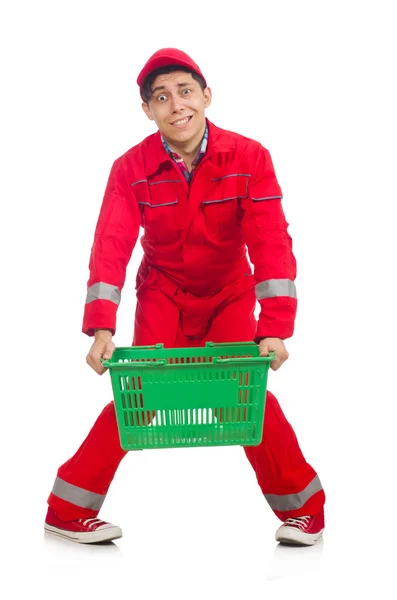 Hombre en mono rojo con carrito de supermercado de compras — Foto de Stock