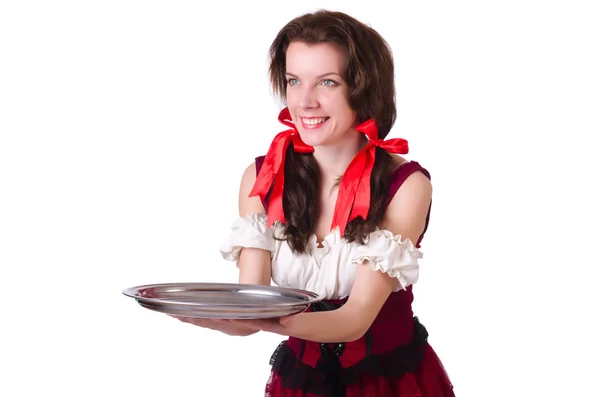 Jeune serveuse avec plateau sur fond blanc — Photo