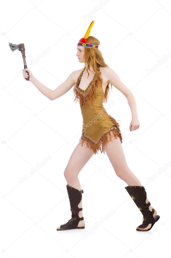 Indian woman with axes on white