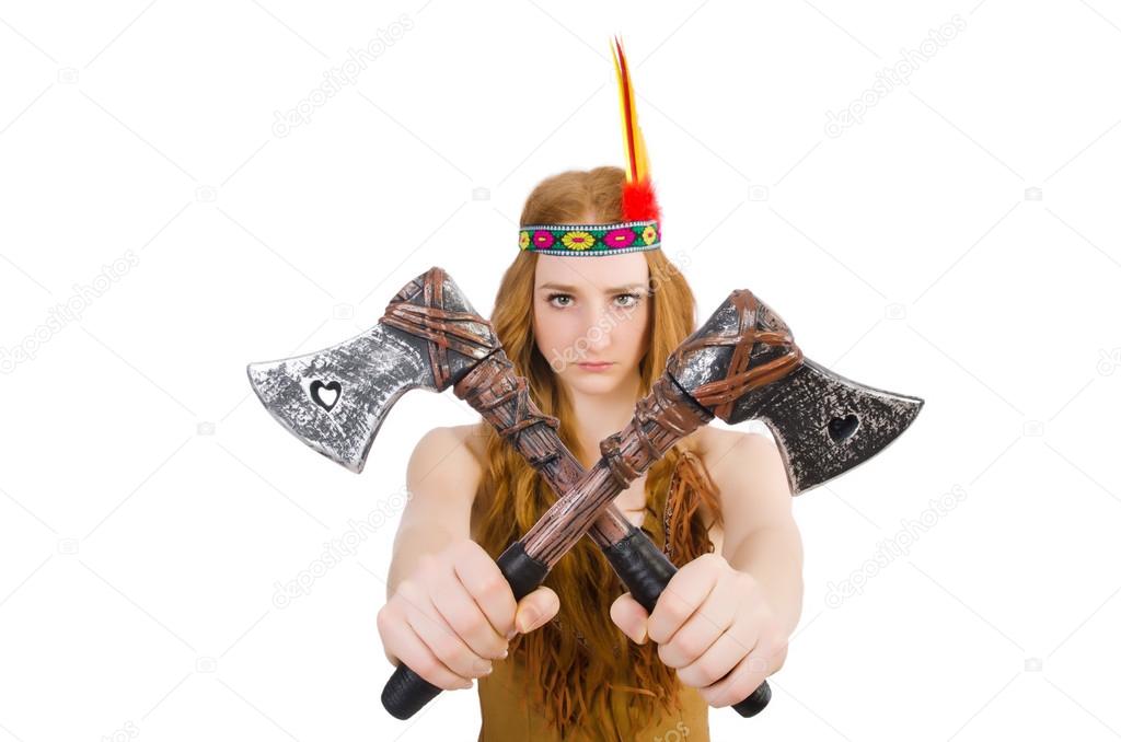 Indian woman with axes on white