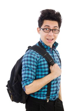 Sırt çantalı öğrenci beyaza izole edilmiş.
