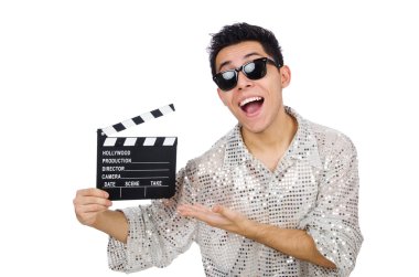 Elinde film klasörü olan adam beyaza izole edilmiş.