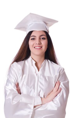 Diplomalı bir kız, beyazlar içinde izole edilmiş.