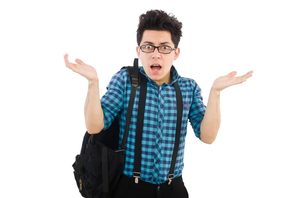 Hombre con mochila aislada en blanco — Foto de Stock