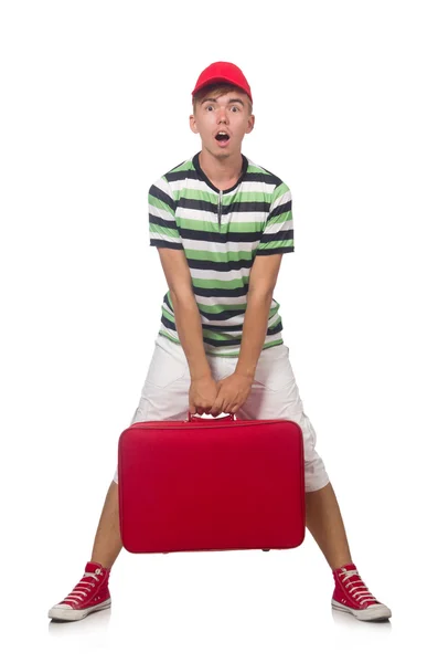 Смешной человек с чемоданом, изолированным на белом — стоковое фото