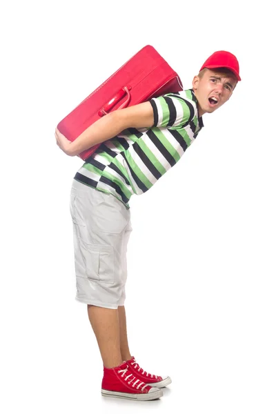 Homme drôle avec valise isolée sur blanc — Photo