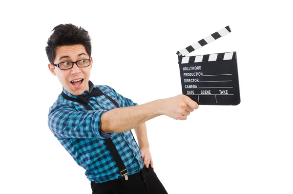 Hombre con película clapperboard aislado en blanco —  Fotos de Stock