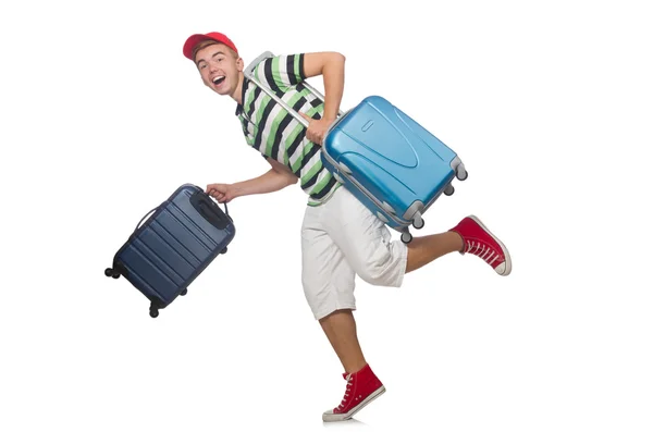 Grappige man met koffer geïsoleerd op wit — Stockfoto
