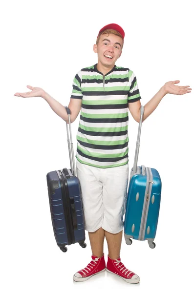 Homme drôle avec valise isolée sur blanc — Photo